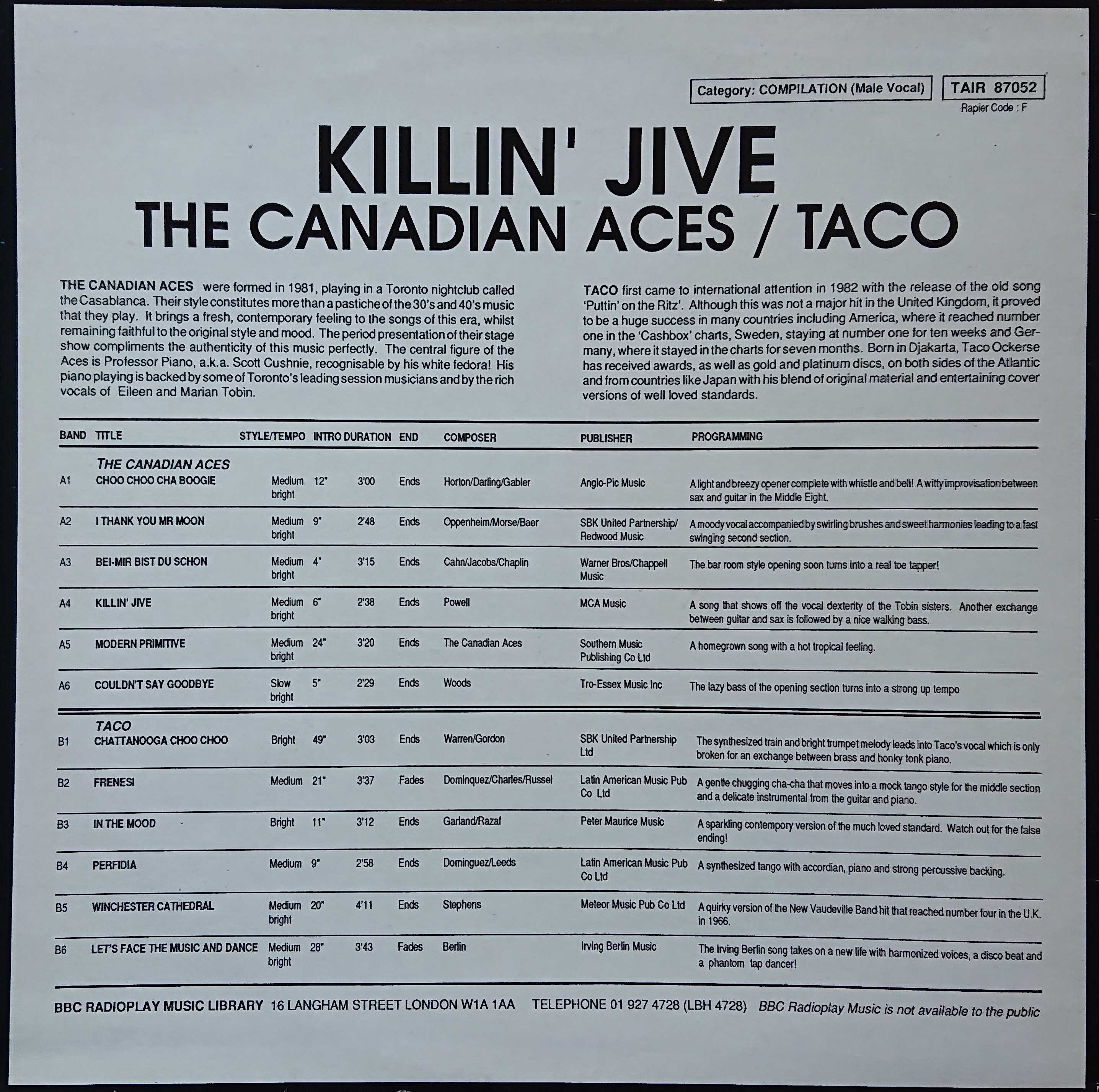 Picture of TAIR 87052 Killin' jive by artist The Canadian Aces from the BBC records and Tapes library
